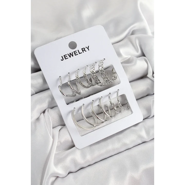 Mey İthalat® Pirinç Karışık Halka Model Gümüş Renk 6 Çift Kadın Küpe Set