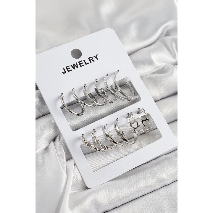 Mey İthalat® Pirinç Karışık Halka Model Gümüş Renk 6 Çift Kadın Küpe Set
