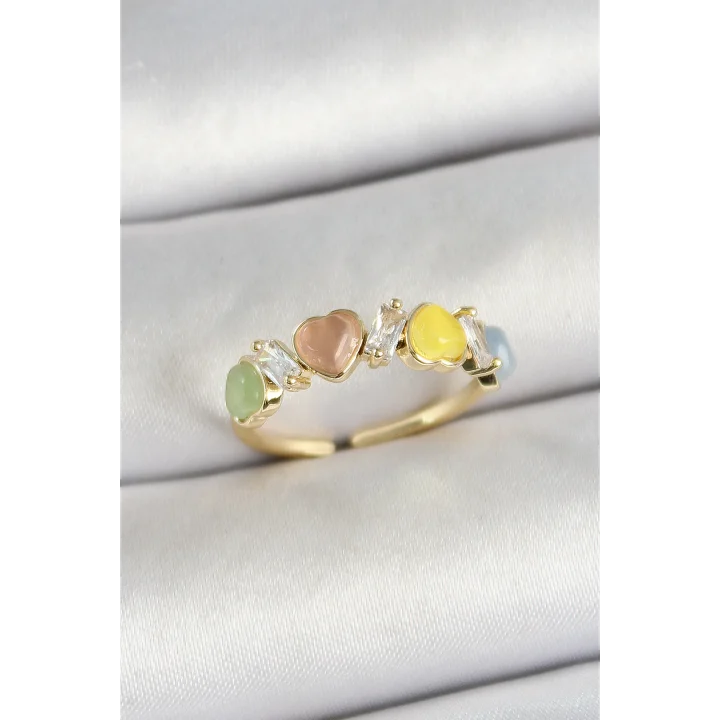 Mey İthalat® Pirinç Sıralı Kalp Figürlü Zirkon Taşlı Gold Renk Ayarlanabilir Kadın Yüzük