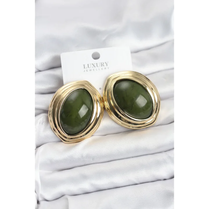 Mey İthalat® Pirinç Yeşil Badem Model Vintage Gold Kadın Küpe