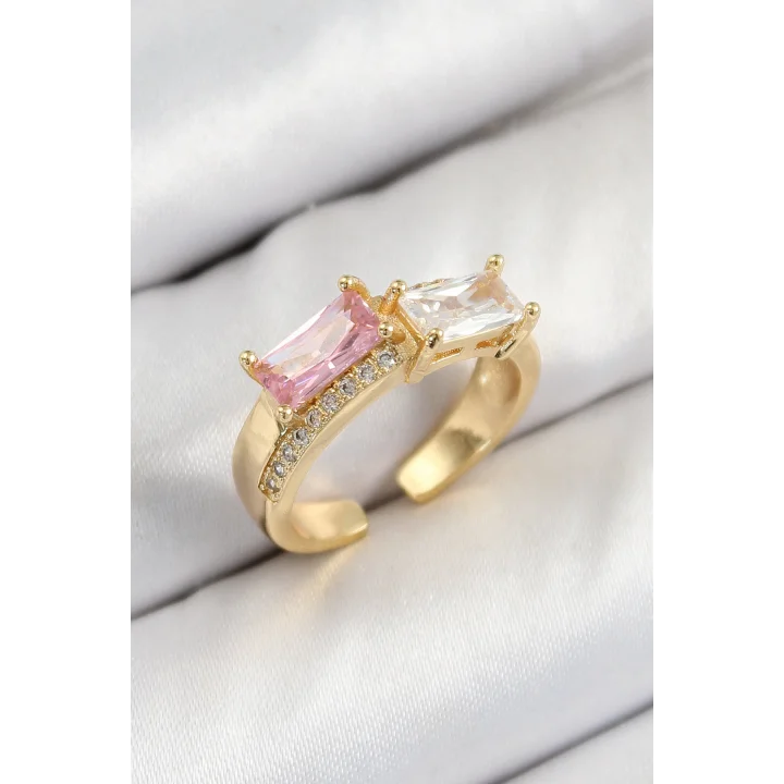 Mey İthalat® Pirinç Zirkon Taşlı Dikdörtgen Model Gold Renk Kadın Yüzük
