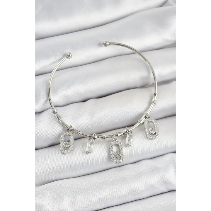 Mey İthalat® Pirinç Zirkon Taşlı Dikdörtgen Model Gümüş Renk Charm Bileklik