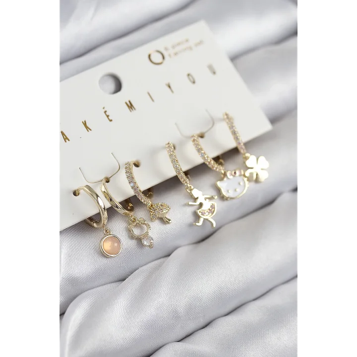 Mey İthalat® Pirinç Zirkon Taşlı Hello Kity Ve Yonca Model Gold Renk 6lı Küpe Set
