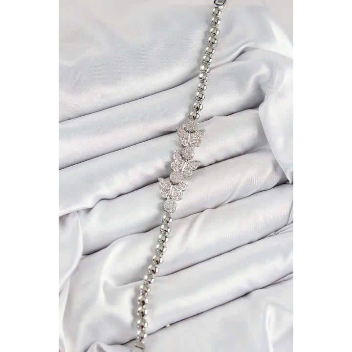 Mey İthalat® Pirinç Zirkon Taşlı Kelebek Model Gümüş Renk Kadın Bileklik