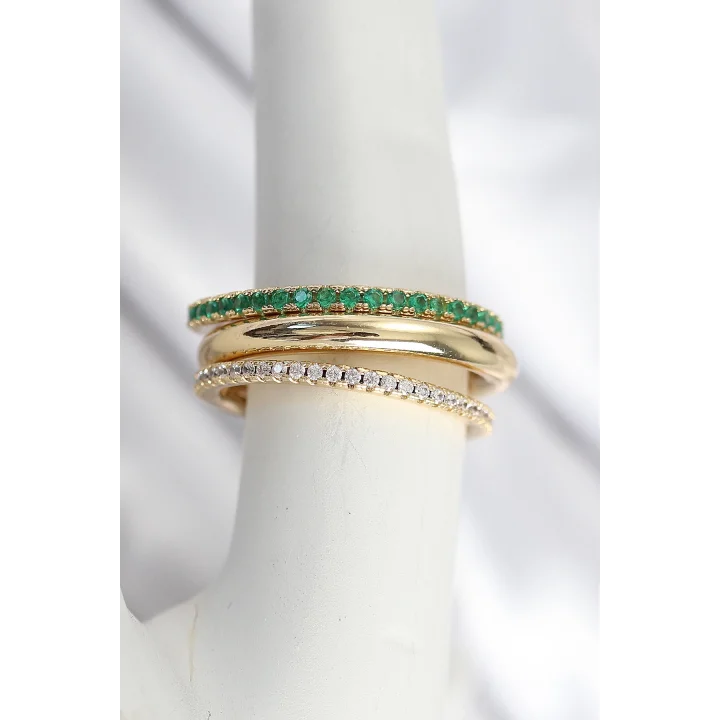 Mey İthalat® Pirinç Zirkon Taşlı Mix Renk 3Lü Kadın Yüzük