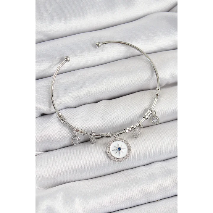 Mey İthalat® Pirinç Zirkon Taşlı Pusula Model Gümüş Renk Charm Bileklik
