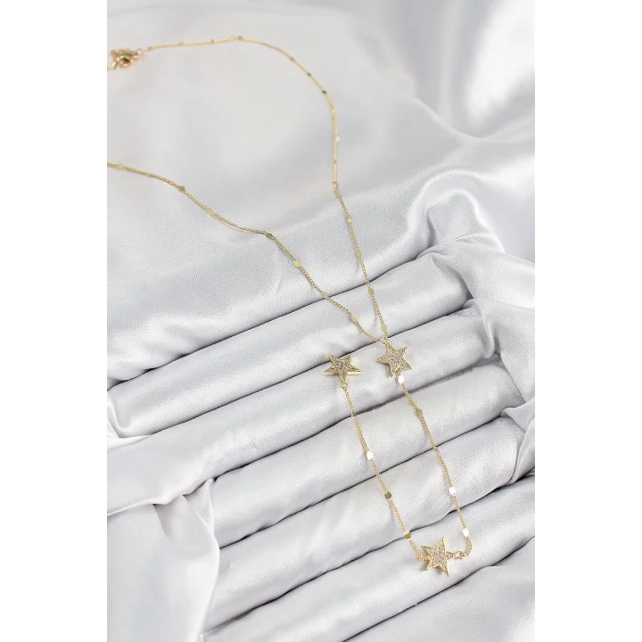 Mey İthalat® Pirinç Zirkon Taşlı Yıldız Model Gold Renk Y Kolye