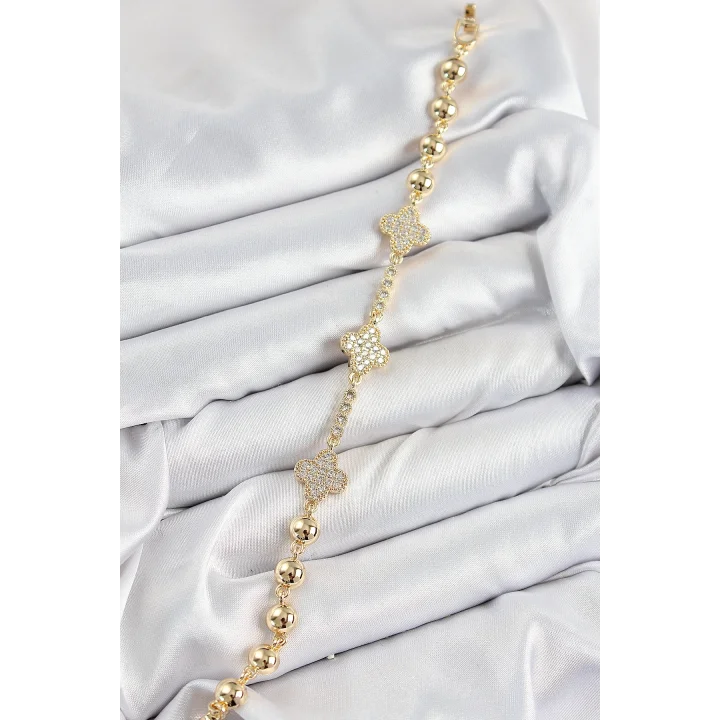 Mey İthalat® Pirinç Zirkon Taşlı Yonca Model Gold Renk Kadın Bileklik