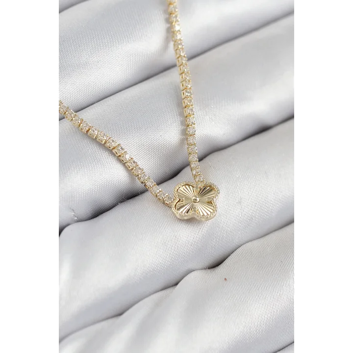 Mey İthalat® Pirinç Zirkon Taşlı Yonca Model Gold Renk Kadın Kolye