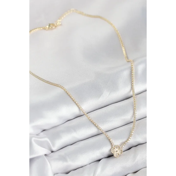 Mey İthalat® Pirinç Zirkon Taşlı Yonca Model Gold Renk Kadın Kolye