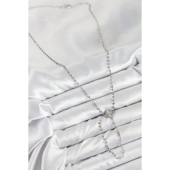 Mey İthalat® Pirinç Zirkon Taşlı Yonca Model Gümüş Renk Kadın Y Kolye