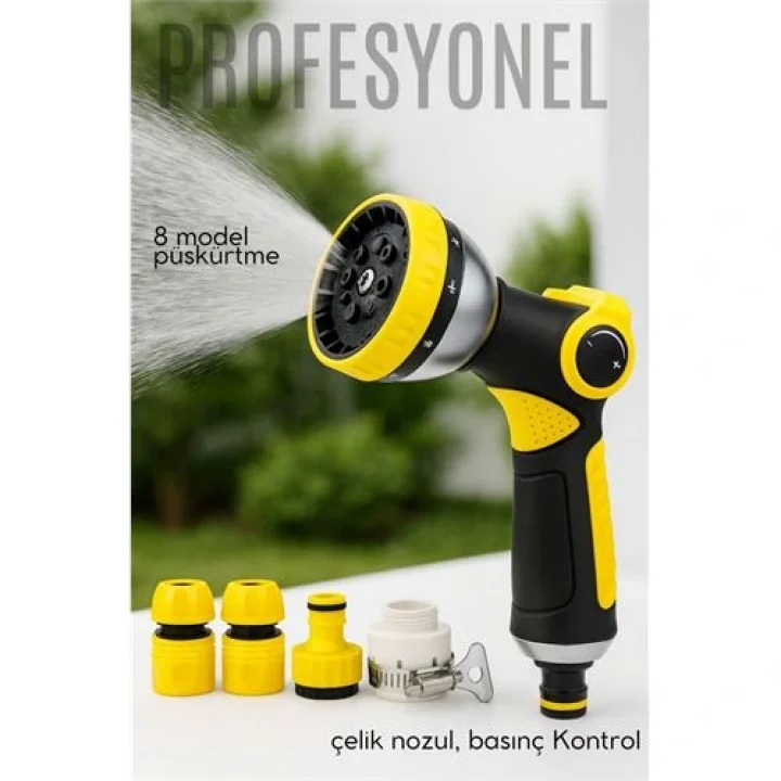 Mey İthalat® Profesyonel 8 Modelli Metal Basınçlı Sulama Tabancası Seti | Ayarlanabilir Jet | Hortum Konnektörlü 722523