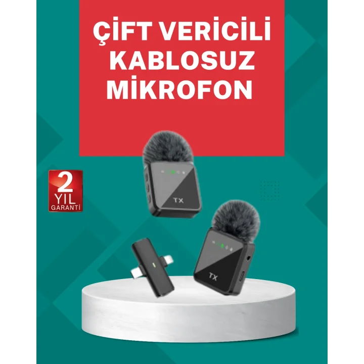 Mey İthalat® Profesyonel Ses Kayıtları İçin 2’li Kablosuz Yaka Mikrofon Seti