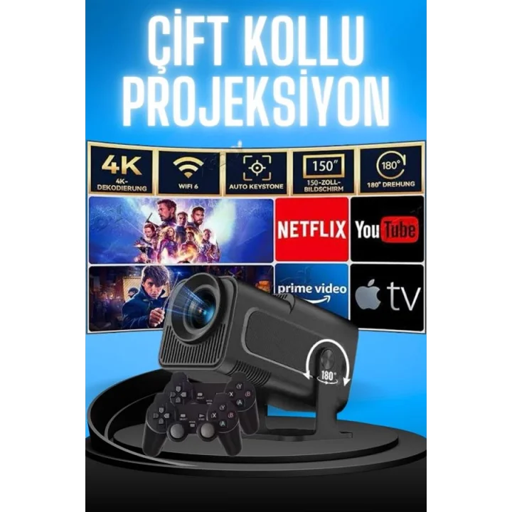Mey İthalat® Projektör Siyah Android Taşınabilir Sinema Projeksiyon Wifi Destekli En Güncel Sürüm Akıllı