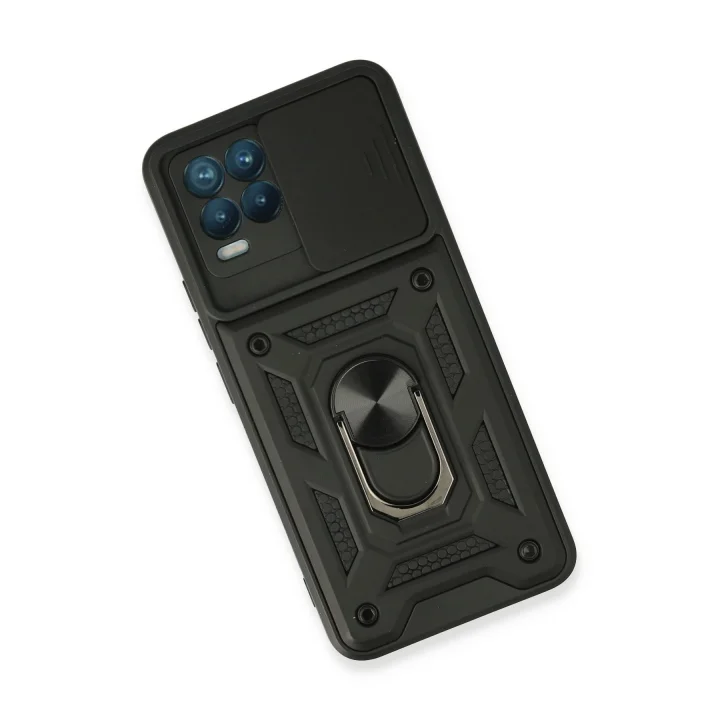 Mey İthalat®  Realme 8 Kılıf Pars Lens Yüzüklü Silikon - Siyah