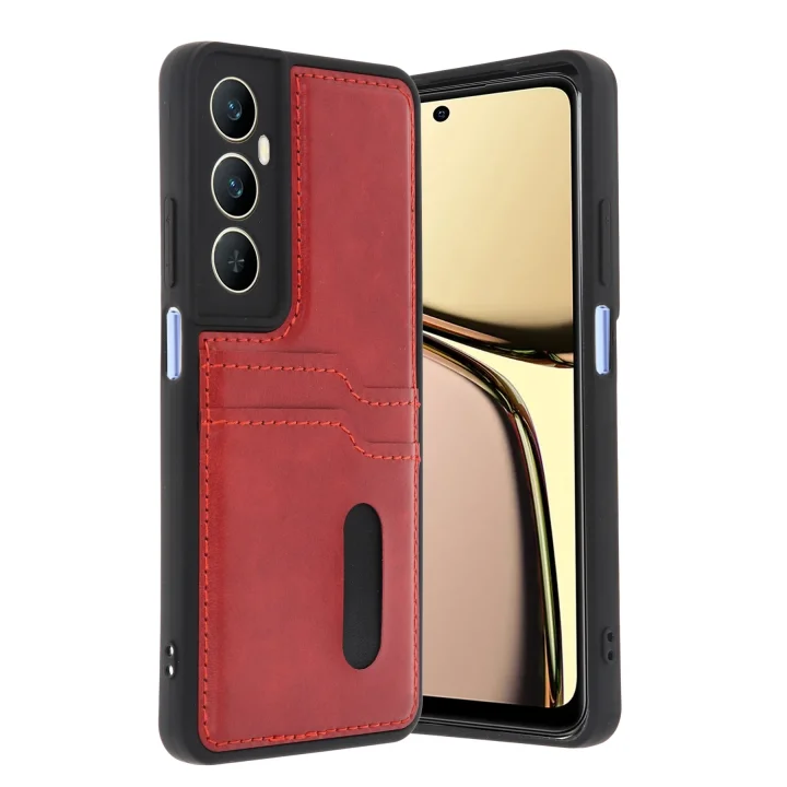 Mey İthalat®  Realme C65 Sara Kartvizitli Deri Kılıf - Kırmızı