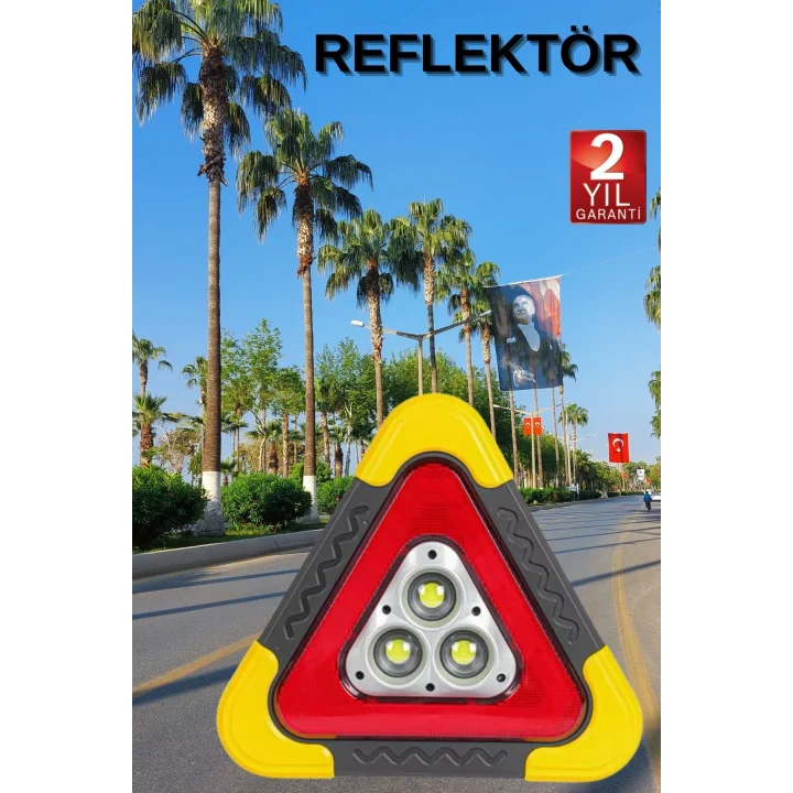 Mey İthalat® Reflektör Güneş Panelli Solarlı Şarjlı Üçgen Işıklı Trafik Reflektör Fener