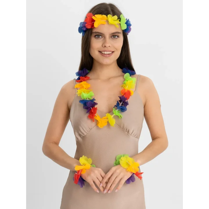 Mey İthalat® Rengarenk Hawaii Kolye Taç Bileklik Seti 4 Parça