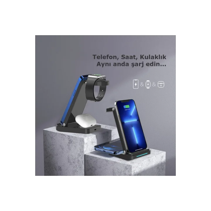 Mey İthalat®  S90 4in1 Kablosuz Şarj Masaüstü Set - Siyah