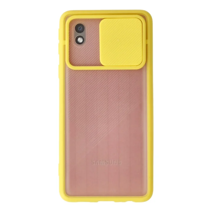 Mey İthalat®  Samsung Galaxy A01 Core Kılıf Palm Buzlu Kamera Sürgülü Silikon - Sarı