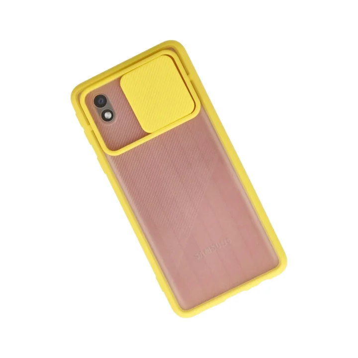 Mey İthalat®  Samsung Galaxy A01 Core Kılıf Palm Buzlu Kamera Sürgülü Silikon - Sarı