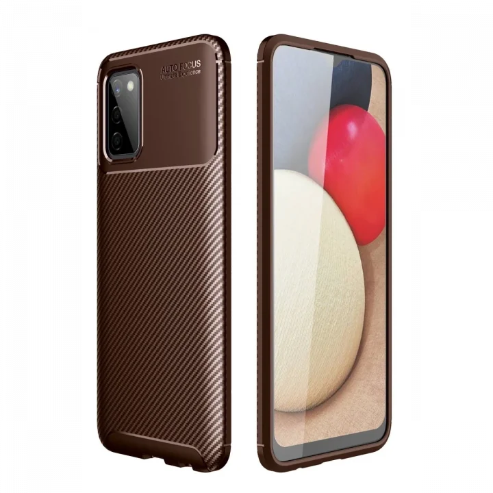 Mey İthalat®  Samsung Galaxy A02S Kılıf Auto Focus Karbon Kapak - Kahverengi