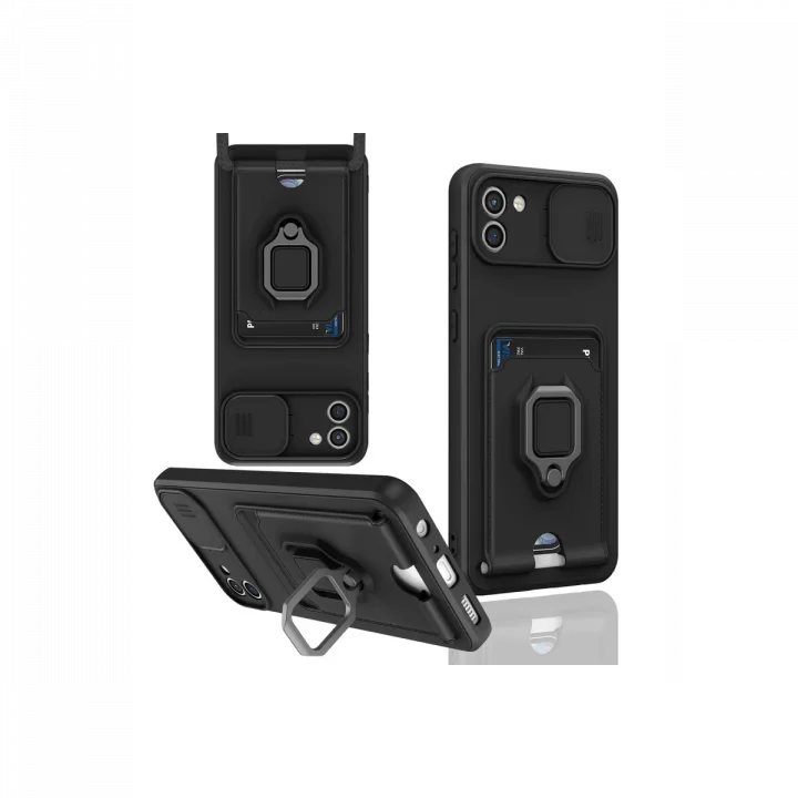 Mey İthalat®  Samsung Galaxy A03 Kılıf Zuma Kartvizitli Yüzüklü Silikon - Siyah