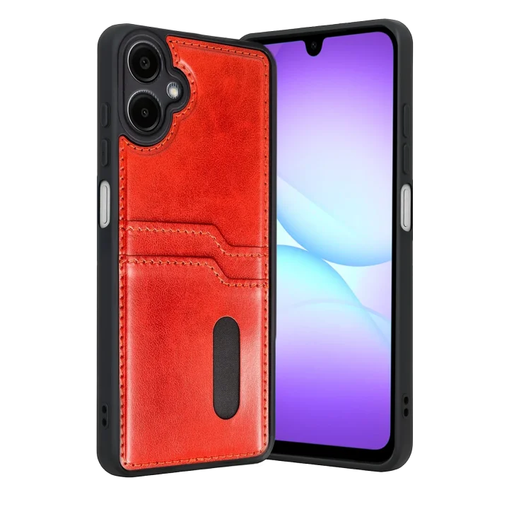 Mey İthalat®  Samsung Galaxy A07 4G Sara Kartvizitli Deri Kılıf - Kırmızı