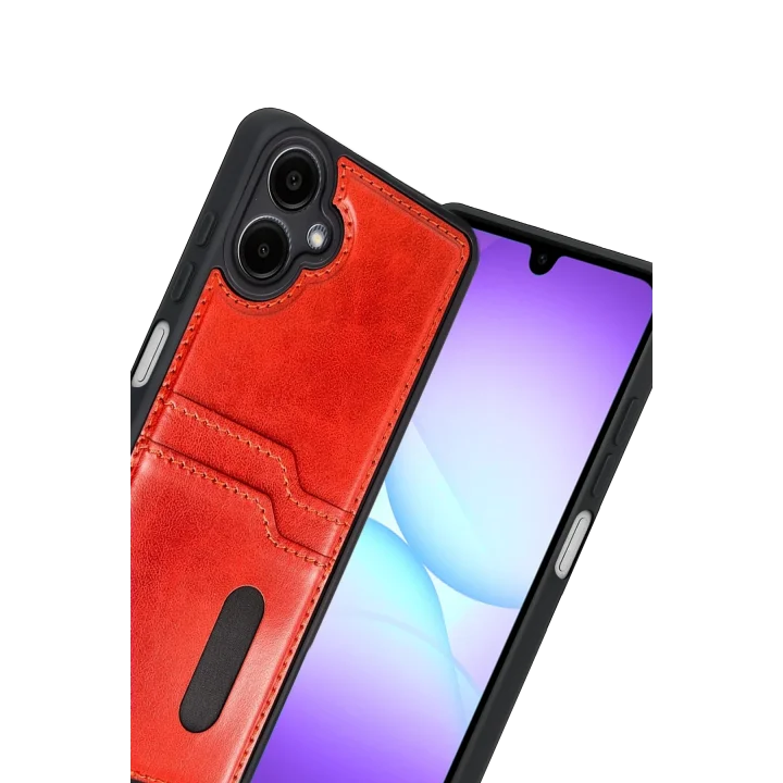 Mey İthalat®  Samsung Galaxy A07 4G Sara Kartvizitli Deri Kılıf - Kırmızı