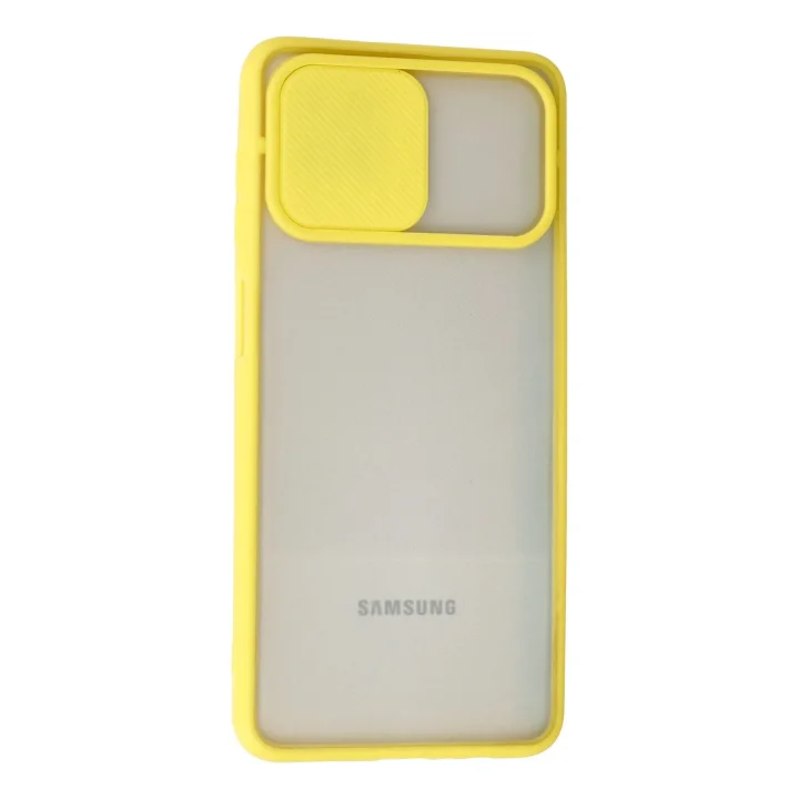 Mey İthalat®  Samsung Galaxy A12 Kılıf Palm Buzlu Kamera Sürgülü Silikon - Sarı
