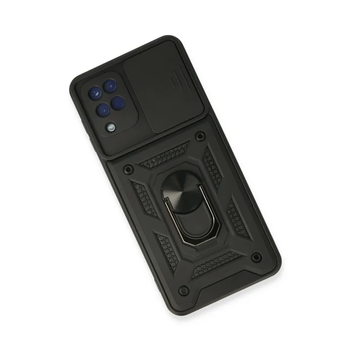 Mey İthalat®  Samsung Galaxy A22 Kılıf Pars Lens Yüzüklü Silikon - Siyah