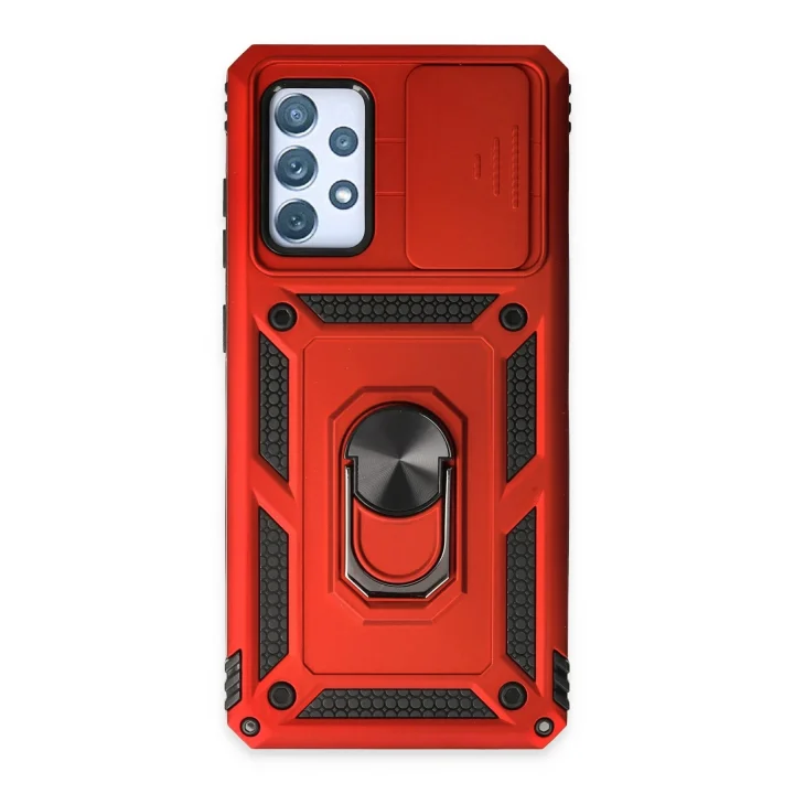 Mey İthalat®  Samsung Galaxy A72 Kılıf Pars Lens Yüzüklü Silikon - Kırmızı