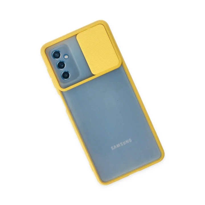 Mey İthalat®  Samsung Galaxy M52 5G Kılıf Palm Buzlu Kamera Sürgülü Silikon - Sarı