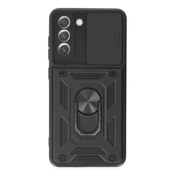 Mey İthalat®  Samsung Galaxy S21 FE Kılıf Pars Lens Yüzüklü Silikon - Siyah