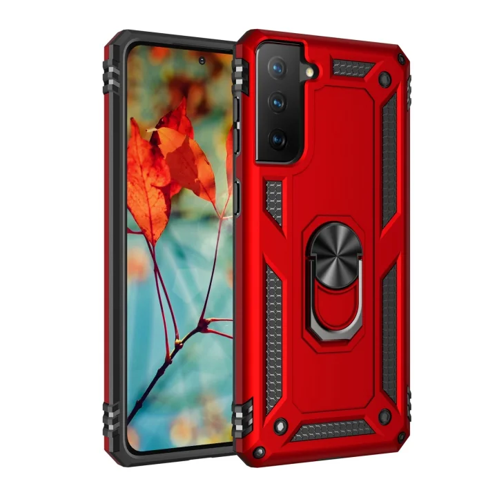 Mey İthalat®  Samsung Galaxy S21 Kılıf Sofya Yüzüklü Silikon Kapak - Kırmızı