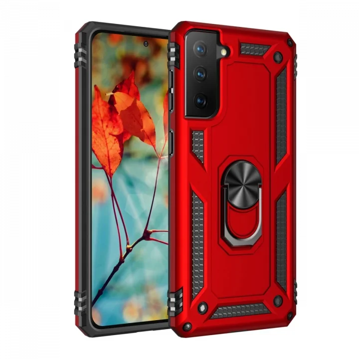 Mey İthalat®  Samsung Galaxy S21 Kılıf Sofya Yüzüklü Silikon Kapak - Kırmızı