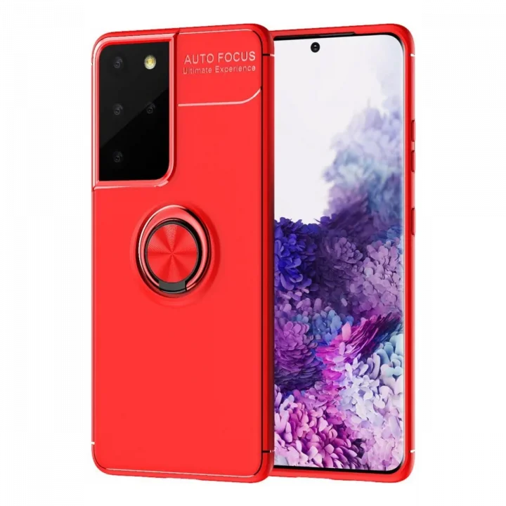 Mey İthalat®  Samsung Galaxy S21 Ultra Kılıf Range Yüzüklü Silikon - Kırmızı
