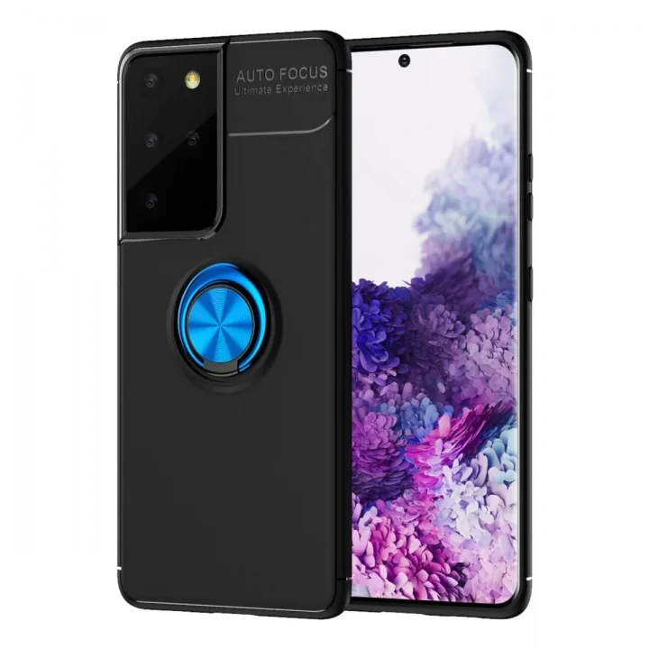 Mey İthalat®  Samsung Galaxy S21 Ultra Kılıf Range Yüzüklü Silikon - Siyah-Mavi