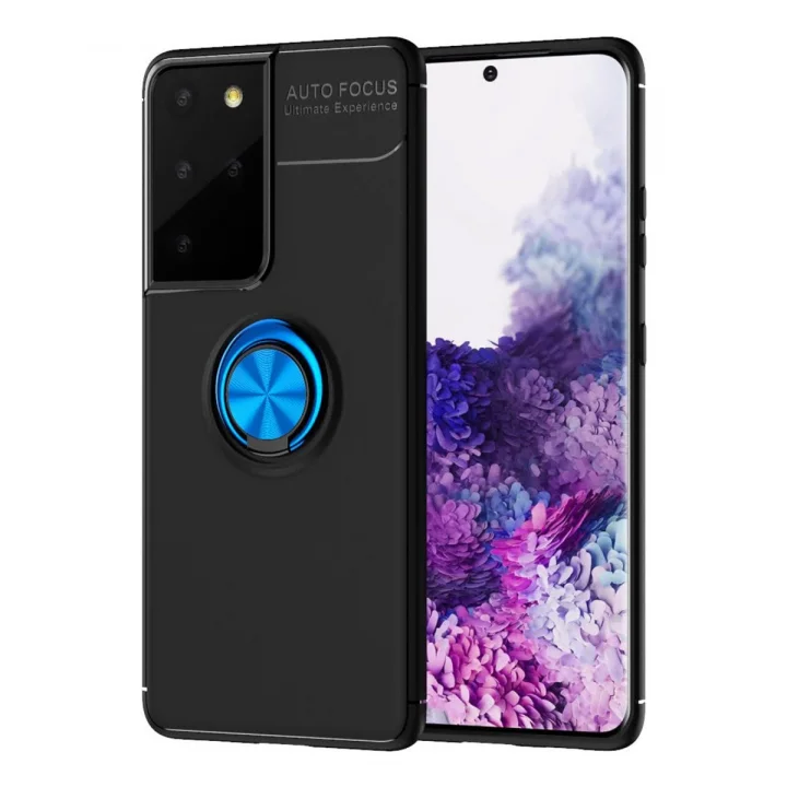 Mey İthalat®  Samsung Galaxy S21 Ultra Kılıf Range Yüzüklü Silikon - Siyah-Mavi