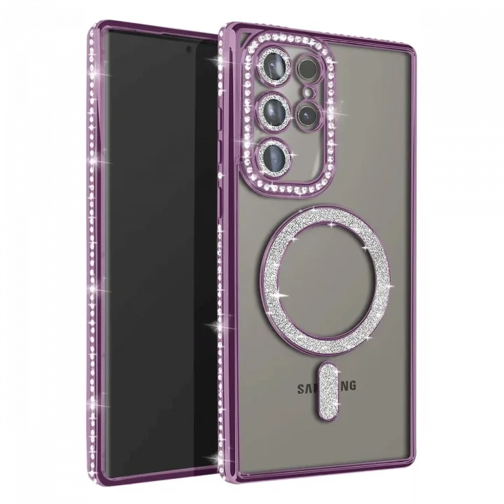 Mey İthalat®  Samsung Galaxy S23 Ultra Joke Simli Magneticsafe Kılıf - Derin Mor