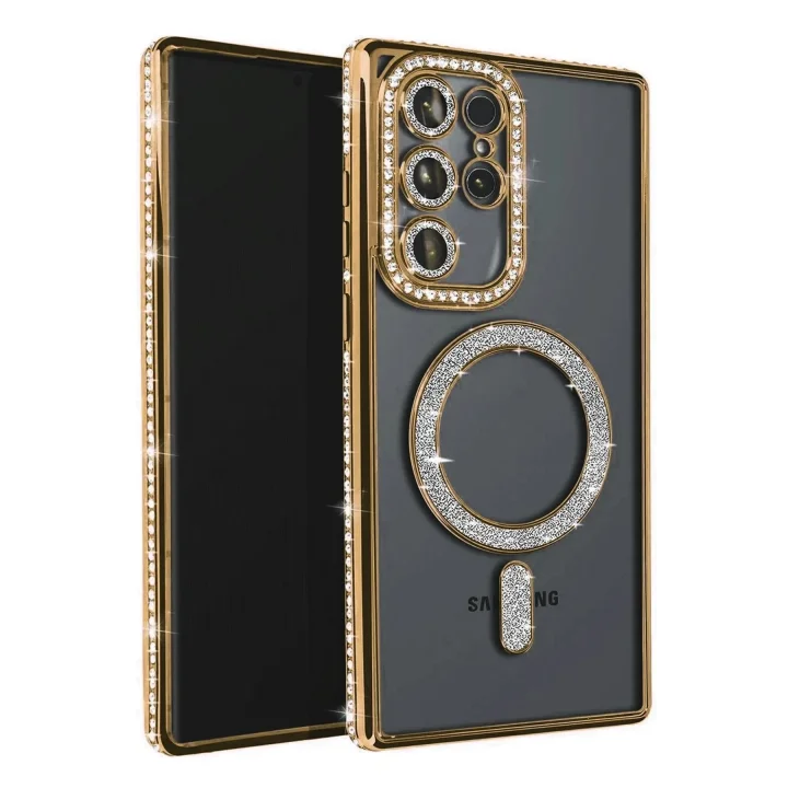 Mey İthalat®  Samsung Galaxy S23 Ultra Joke Simli Magneticsafe Kılıf - Gold