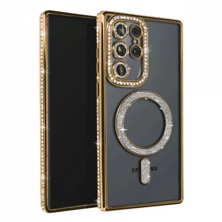 Mey İthalat®  Samsung Galaxy S23 Ultra Joke Simli Magneticsafe Kılıf - Gold