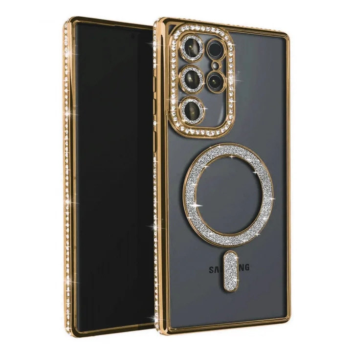 Mey İthalat®  Samsung Galaxy S23 Ultra Joke Simli Magneticsafe Kılıf - Gold