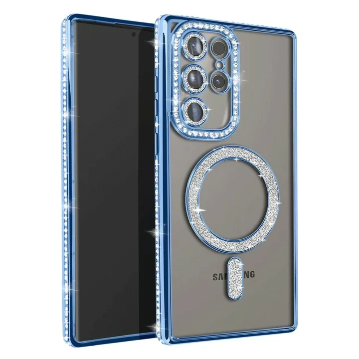 Mey İthalat®  Samsung Galaxy S23 Ultra Joke Simli Magneticsafe Kılıf - Mavi