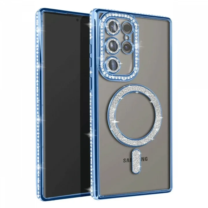 Mey İthalat®  Samsung Galaxy S23 Ultra Joke Simli Magneticsafe Kılıf - Mavi