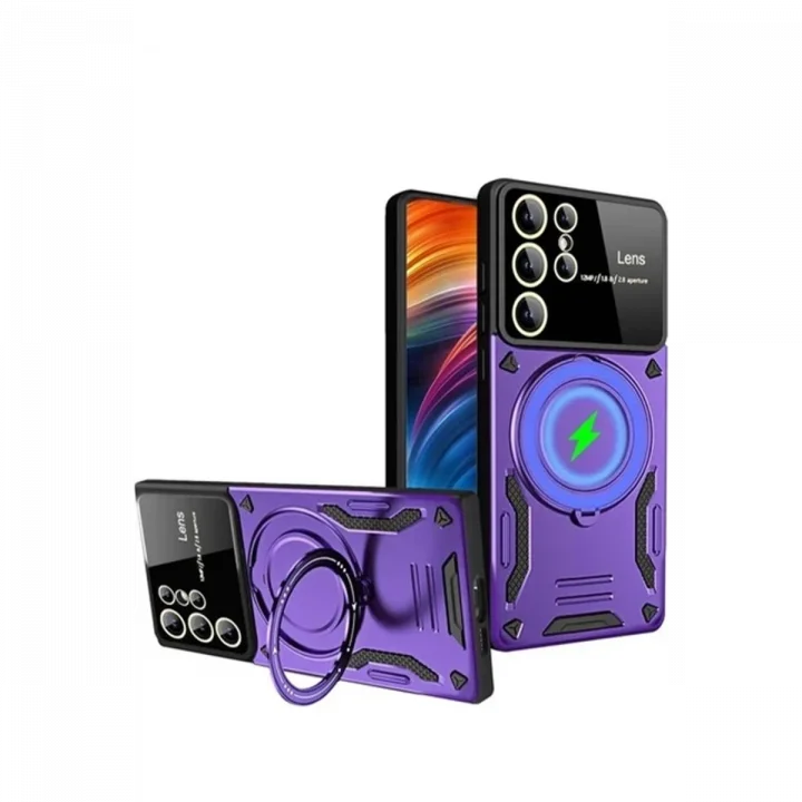 Mey İthalat®  Samsung Galaxy S24 Ultra Kılıf Joy Lens Standlı Kapak - Mor