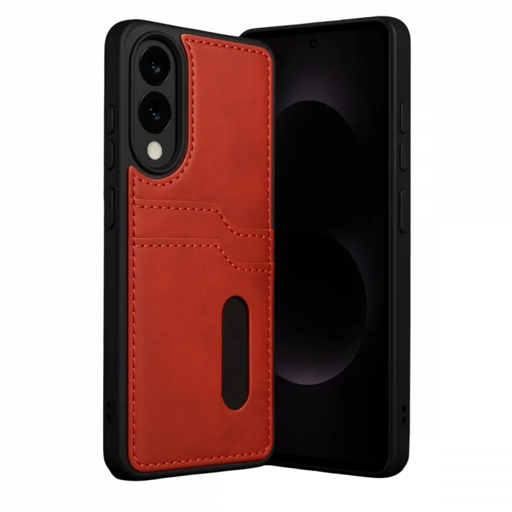 Mey İthalat®  Samsung Galaxy S25 Edge Sara Kartvizitli Deri Kılıf - Kırmızı