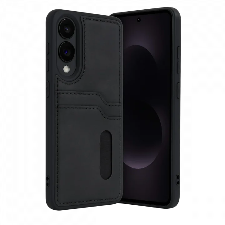 Mey İthalat®  Samsung Galaxy S25 Edge Sara Kartvizitli Deri Kılıf - Siyah