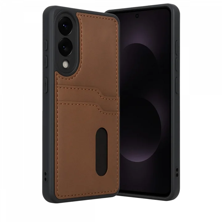 Mey İthalat®  Samsung Galaxy S25 Edge Sara Kartvizitli Deri Kılıf - Taba