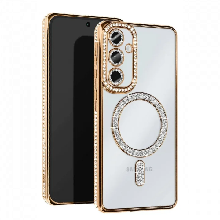 Mey İthalat®  Samsung Galaxy S25 Kılıf Joke Simli Magneticsafe Kılıf - Gold